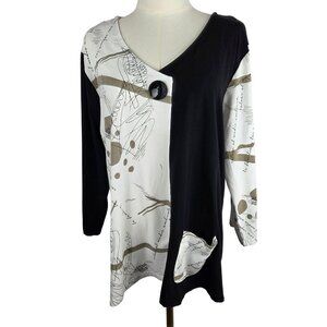 Parsley & Sage Olga Top XL Black & White Asymmetrical Pocket Lagenlook Artsy